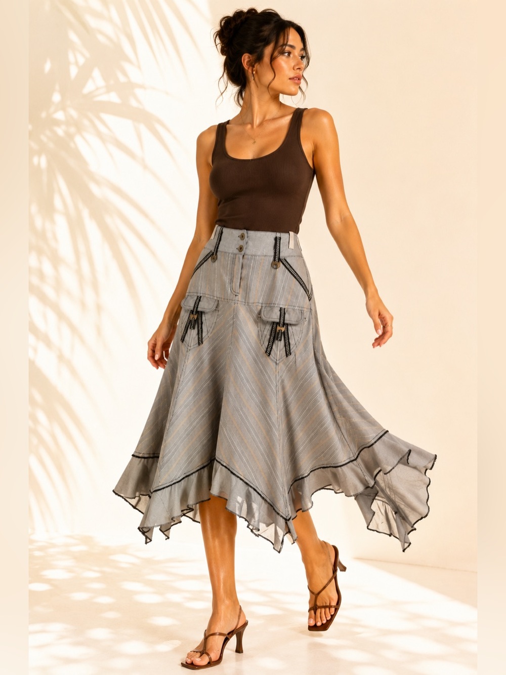 Y2K Archive Handkerchief Midi Skirt Zip Trim Asymmetrical Ruffle Striped Sz 8